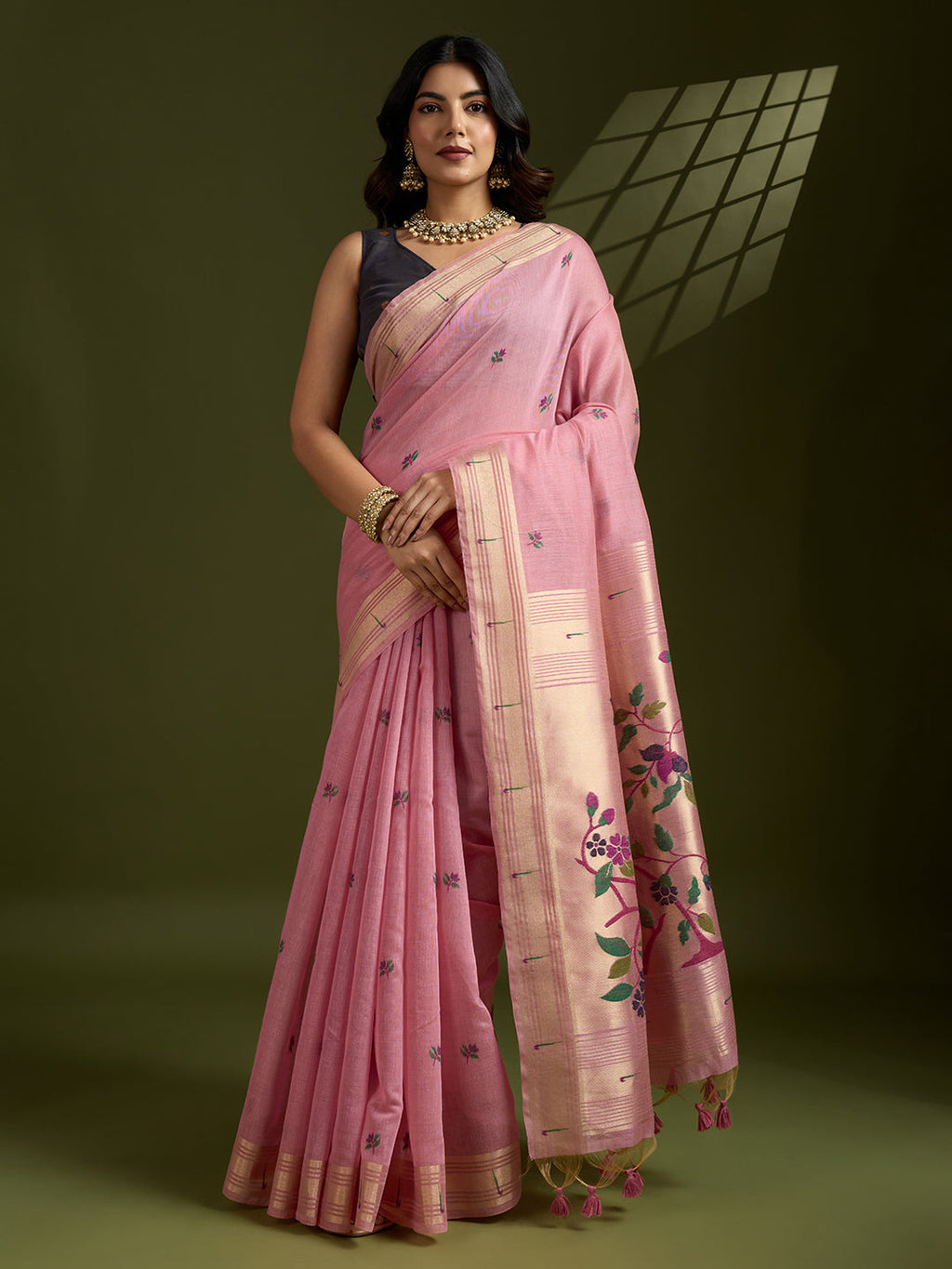 Pink Muga cotton Paithani-style saree with traditional zari weaving
