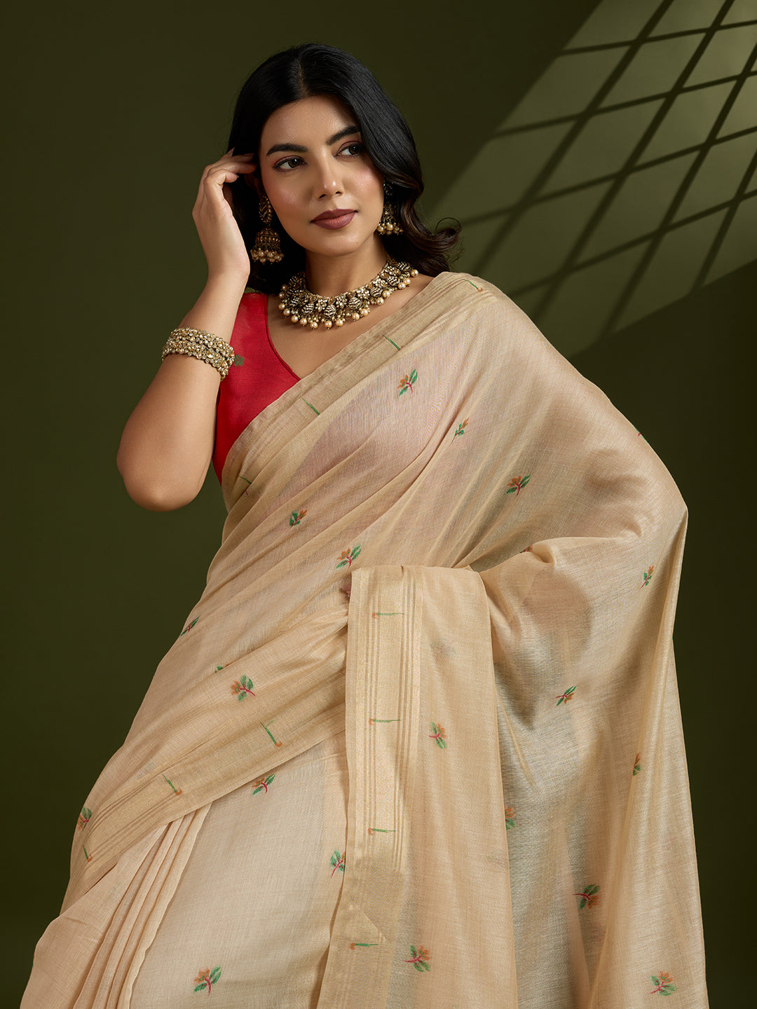 Cream Muga Cotton Paithani Saree with Zari Woven Border & Blouse