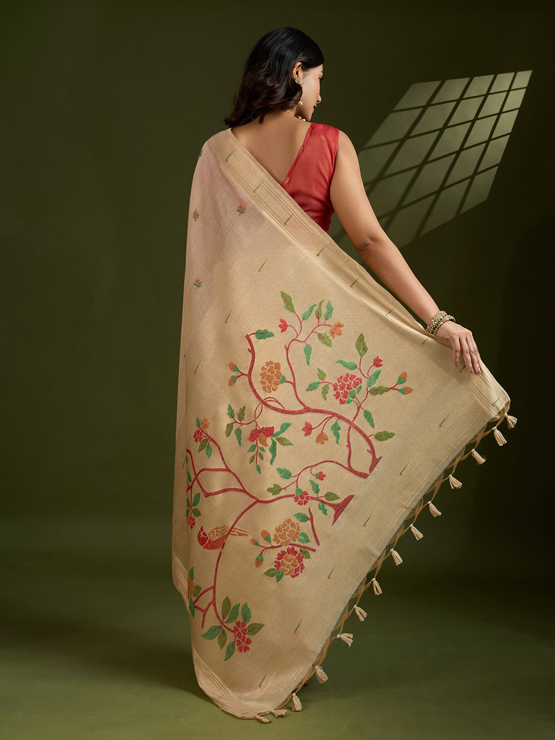 Cream Muga Cotton Paithani Saree with Zari Woven Border & Blouse