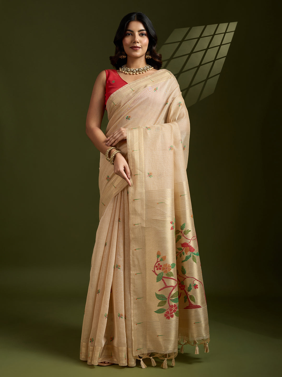 Cream Muga Cotton Paithani Saree with Zari Woven Border & Blouse