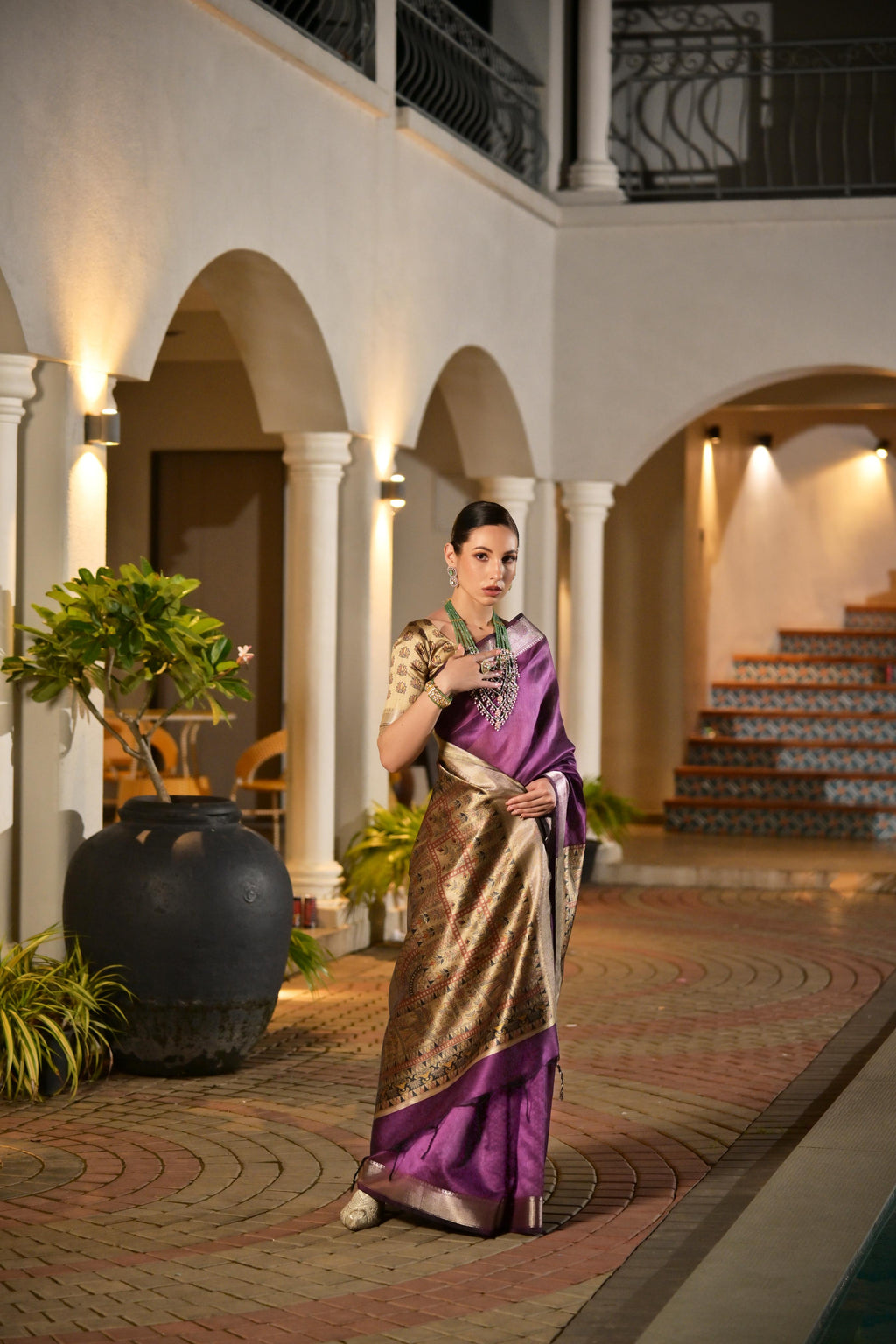 Purple Khadi raw silk saree with Zari woven detailing and matching blouse