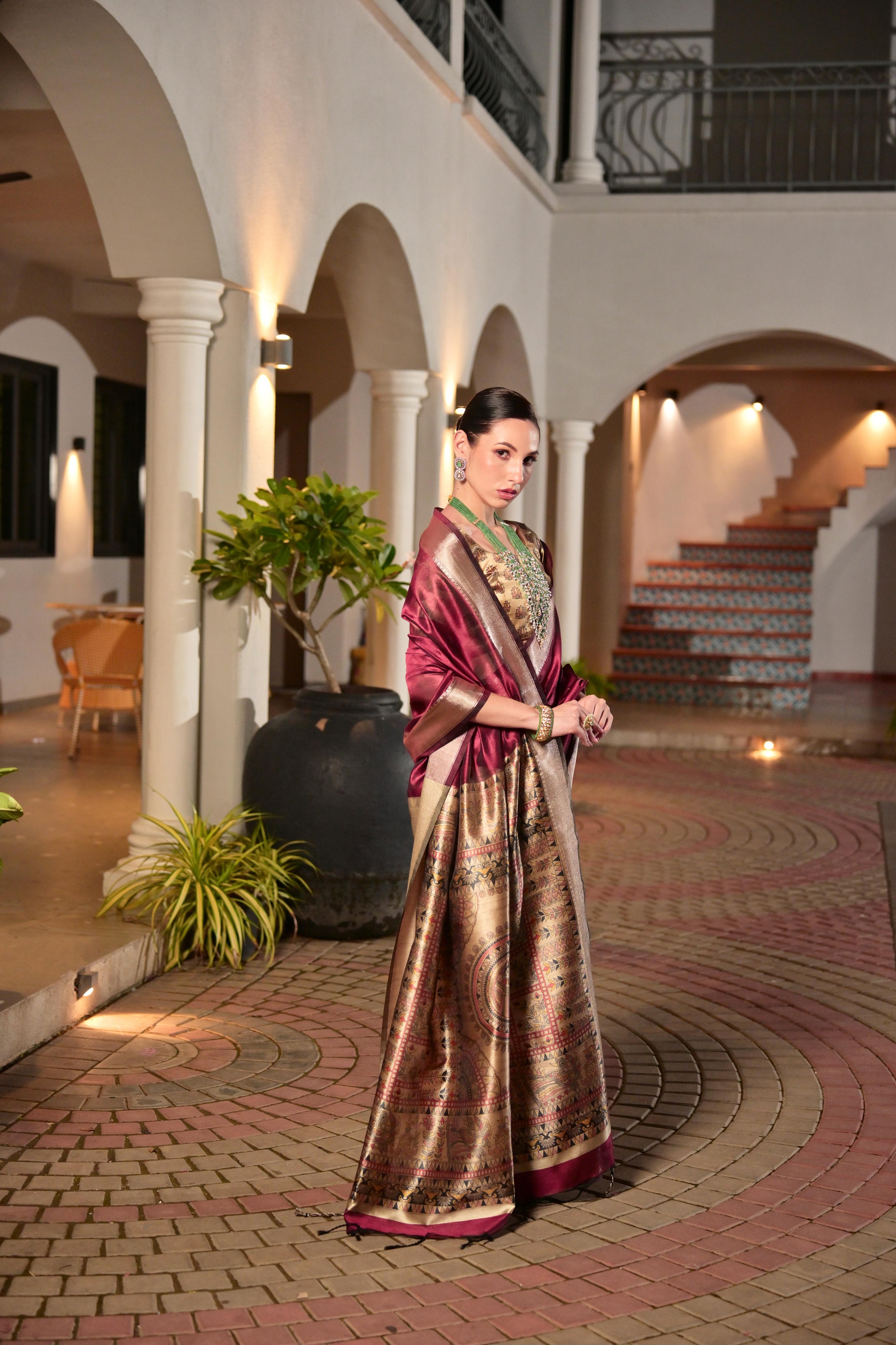 Maroon Soft Khadi Raw Silk Zari Woven Saree with Matching Blouse