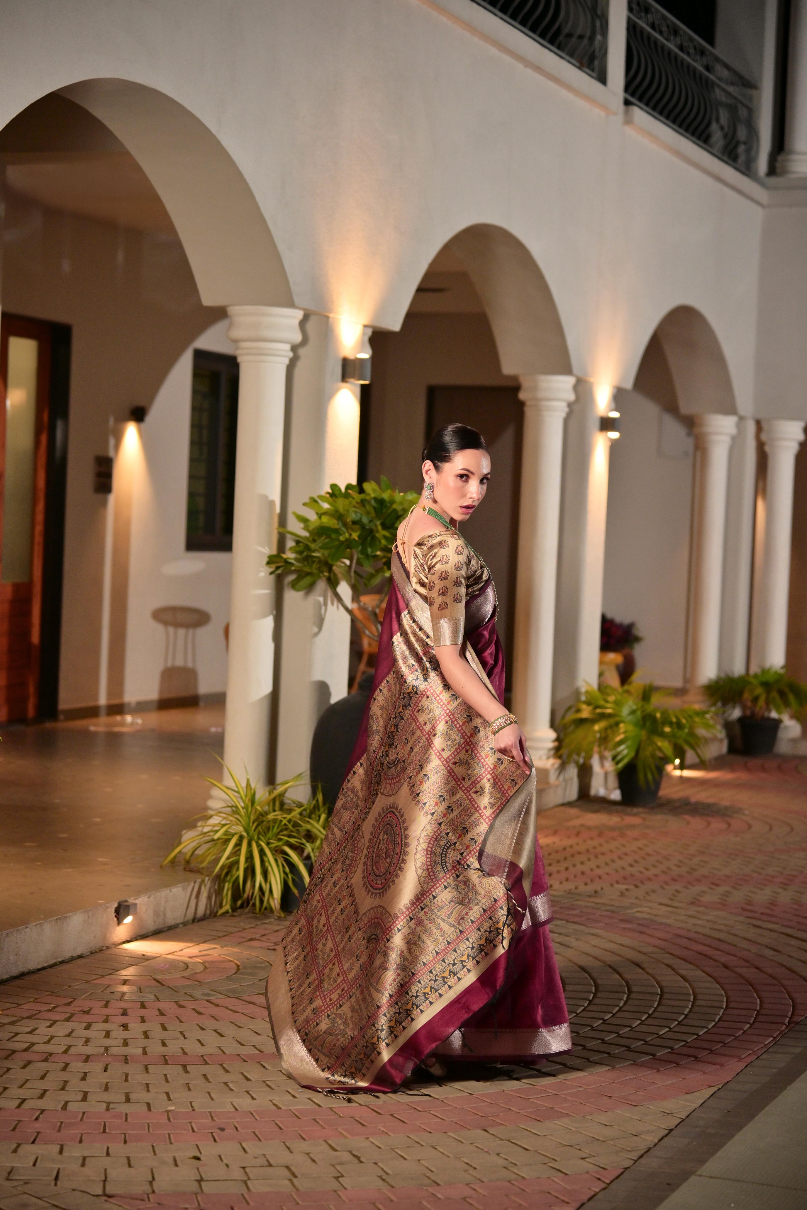 Maroon Soft Khadi Raw Silk Zari Woven Saree with Matching Blouse