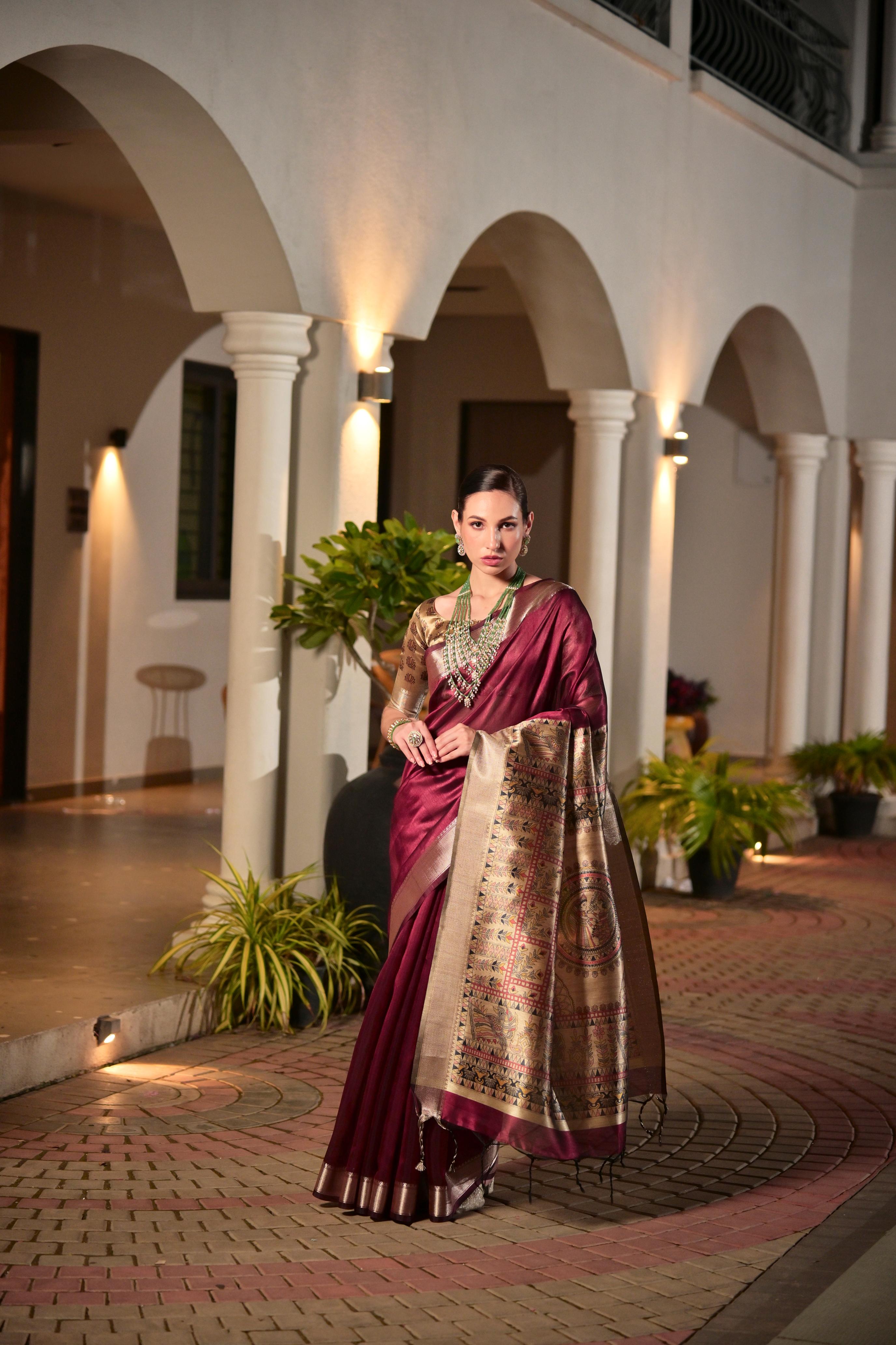 Maroon Soft Khadi Raw Silk Zari Woven Saree with Matching Blouse