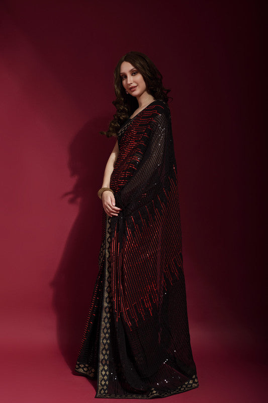 Maroon Georgette Saree with Intricate Sequence Embroidery