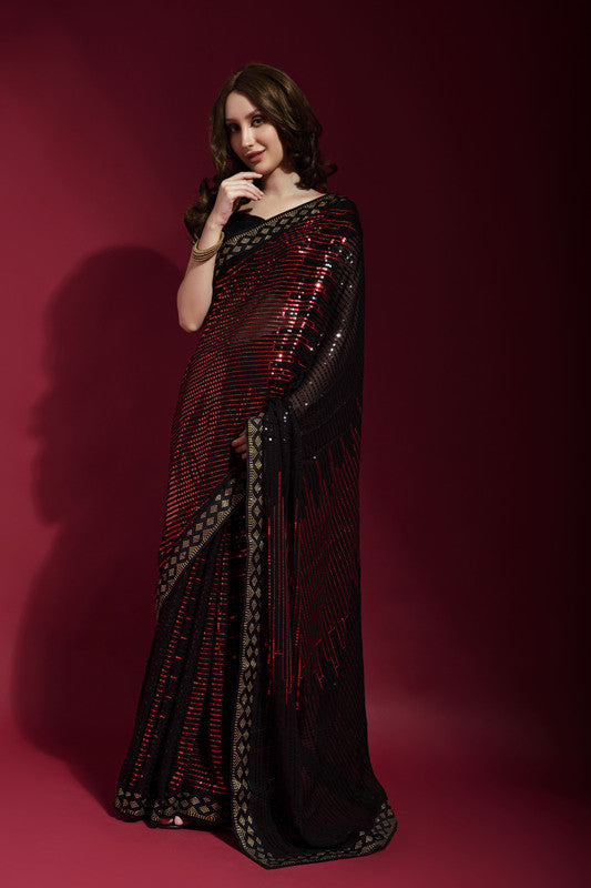 Elegant maroon georgette saree with detailed sequence embroidery and matching blouse