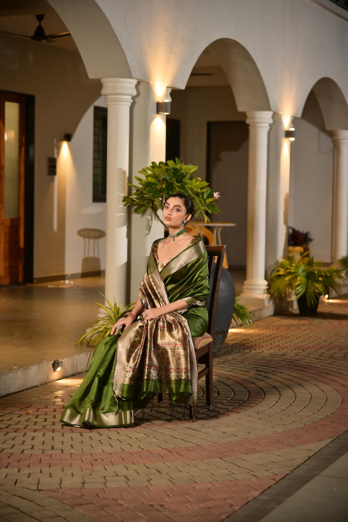 Green Soft Khadi Raw Silk Saree with Zari Woven Detail & Blouse