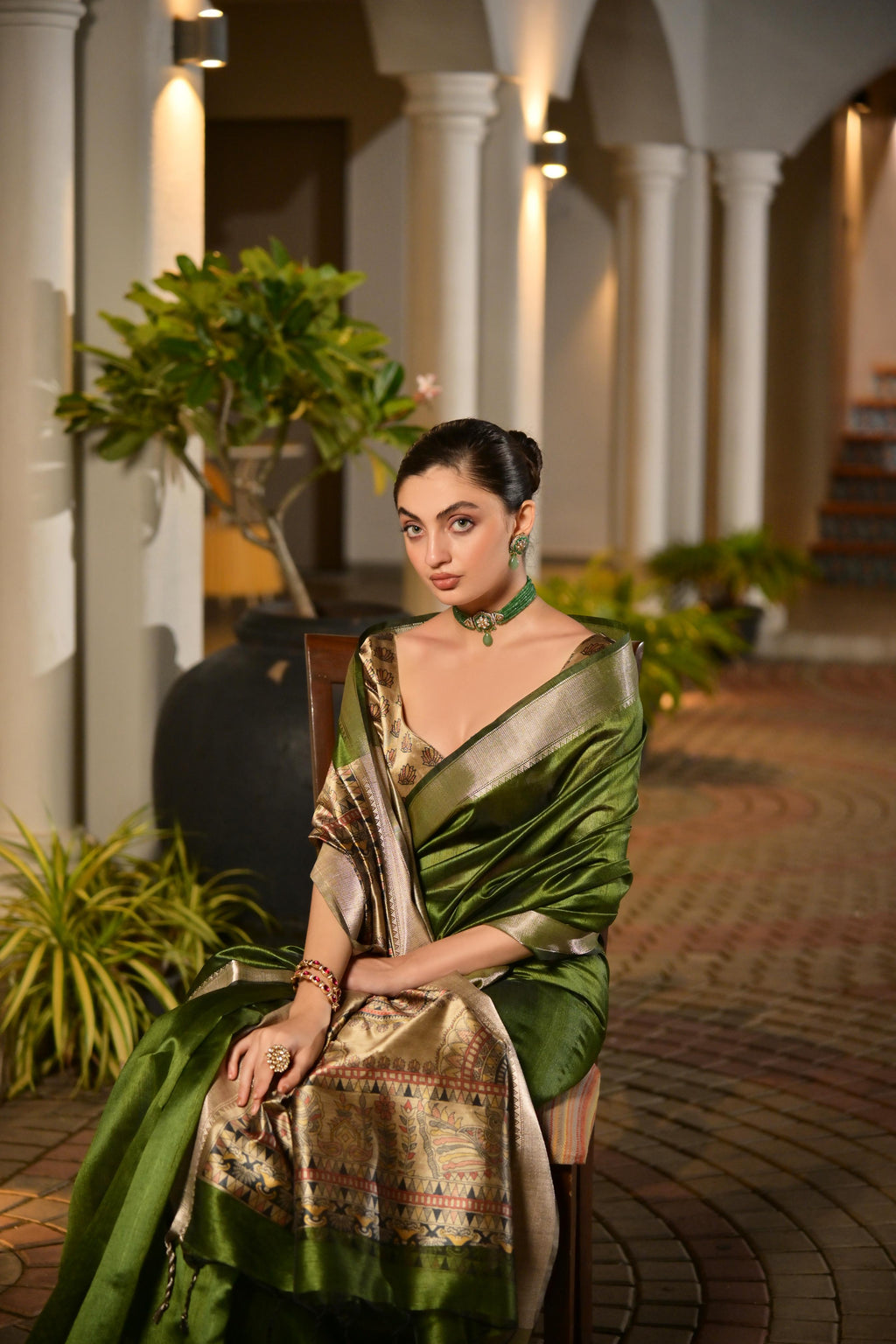 Green Soft Khadi Raw Silk Saree with Zari Woven Detail & Blouse