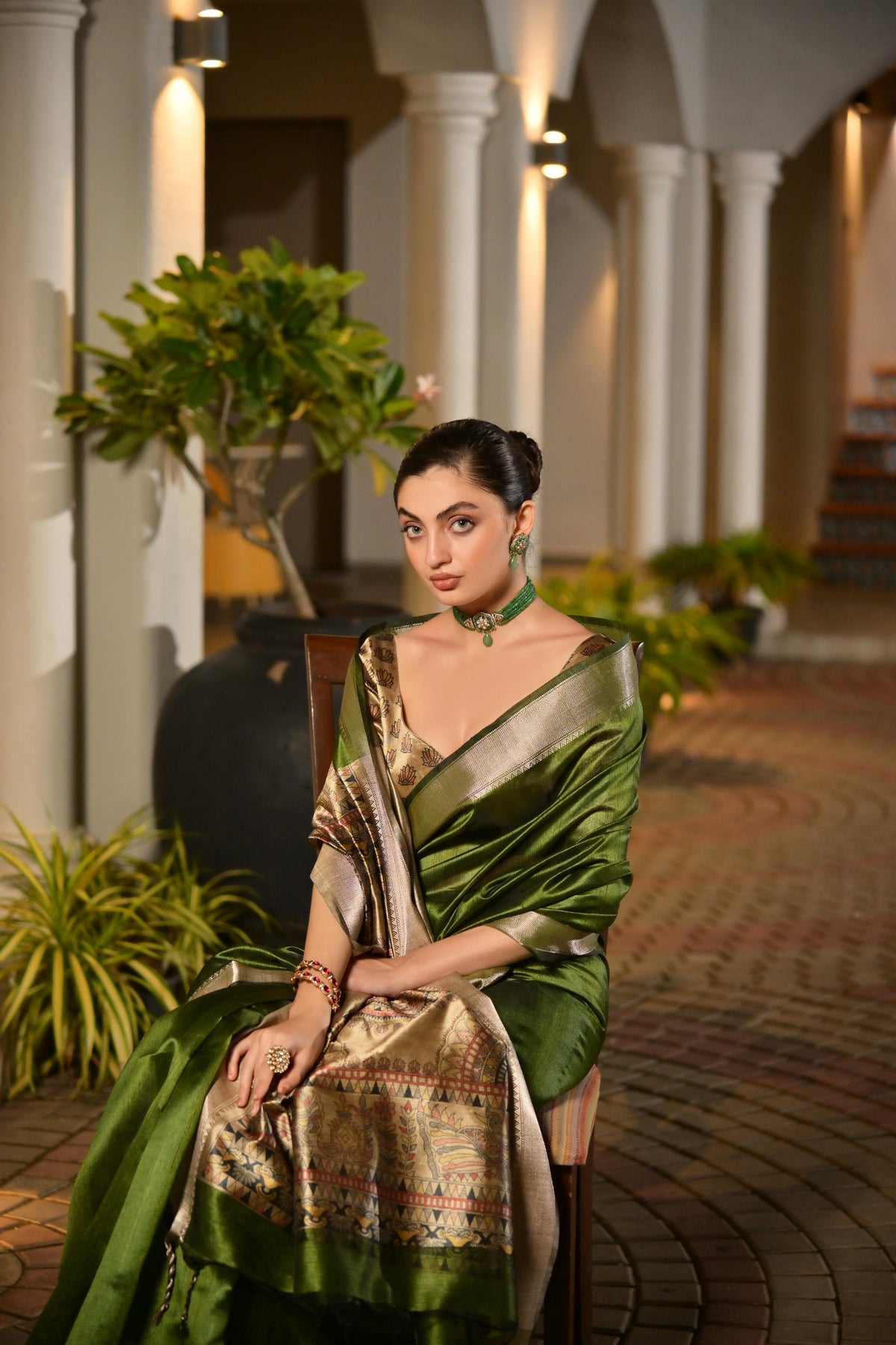 Green Soft Khadi Raw Silk Saree with Zari Woven Detail & Blouse