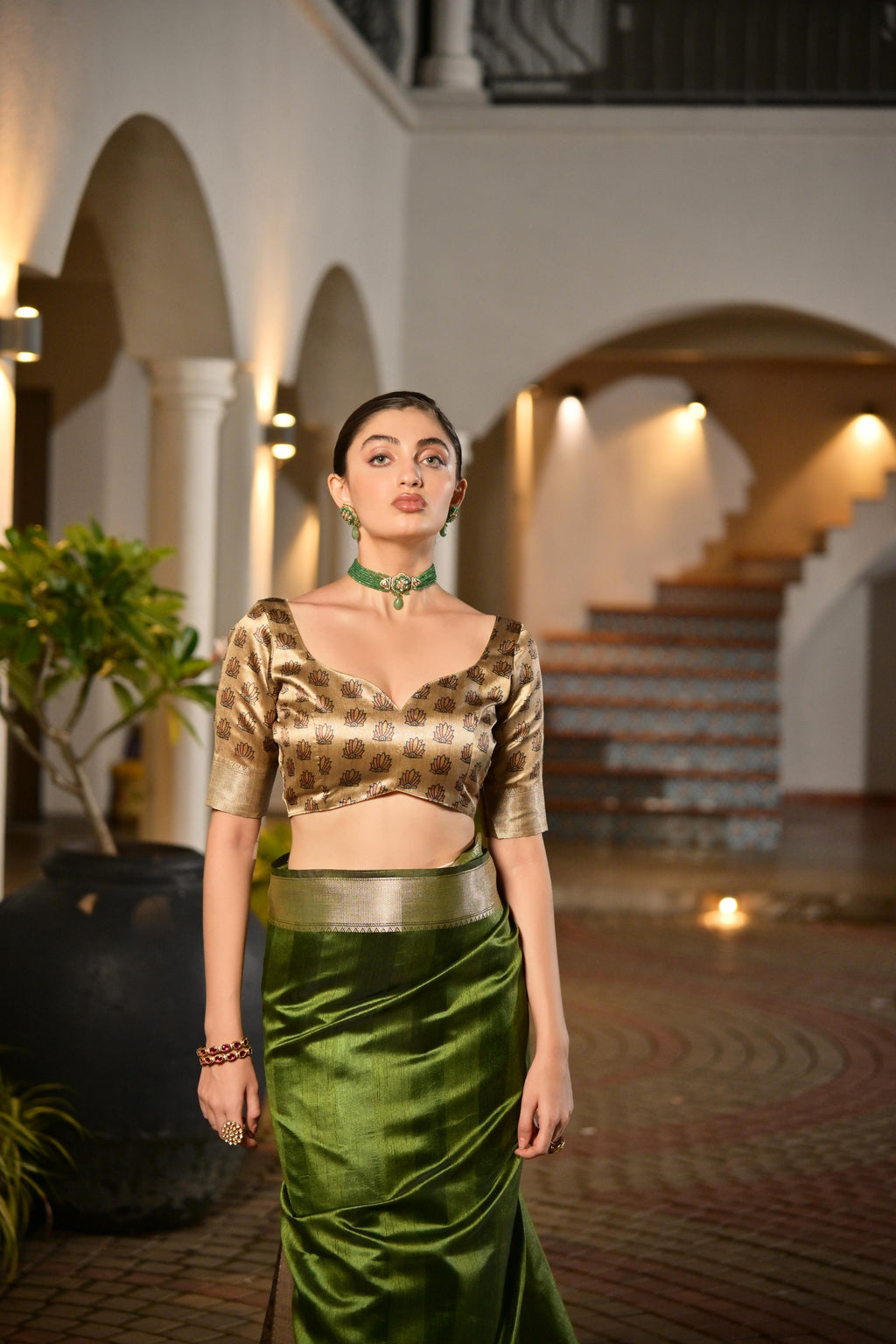 Green Soft Khadi Raw Silk Saree with Zari Woven Detail & Blouse