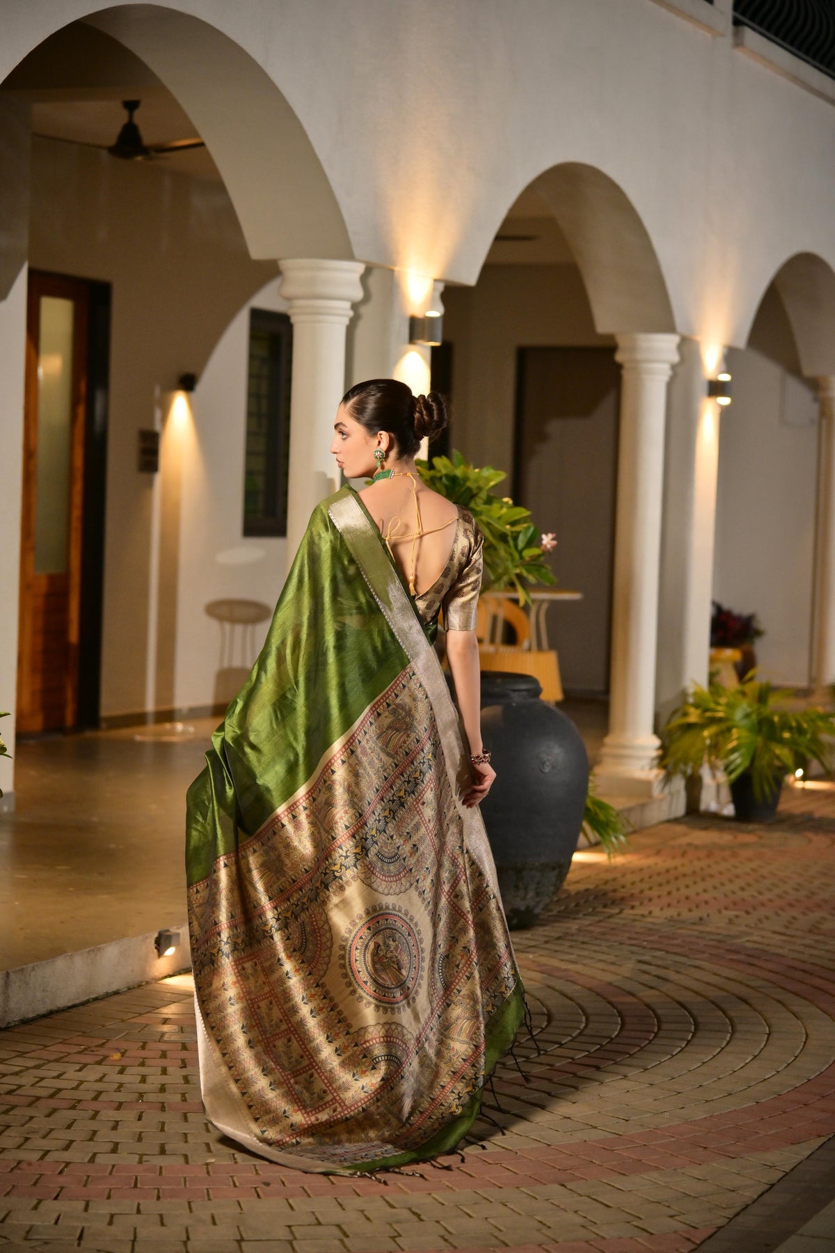 Green Soft Khadi Raw Silk Saree with Zari Woven Detail & Blouse