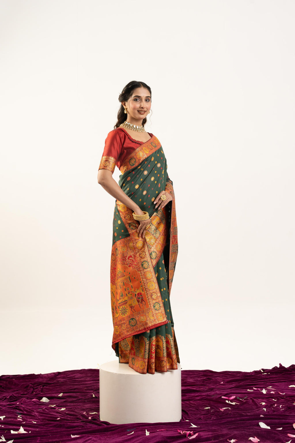Bottle Green Banarasi Pashmina Soft Silk Zari Woven Saree