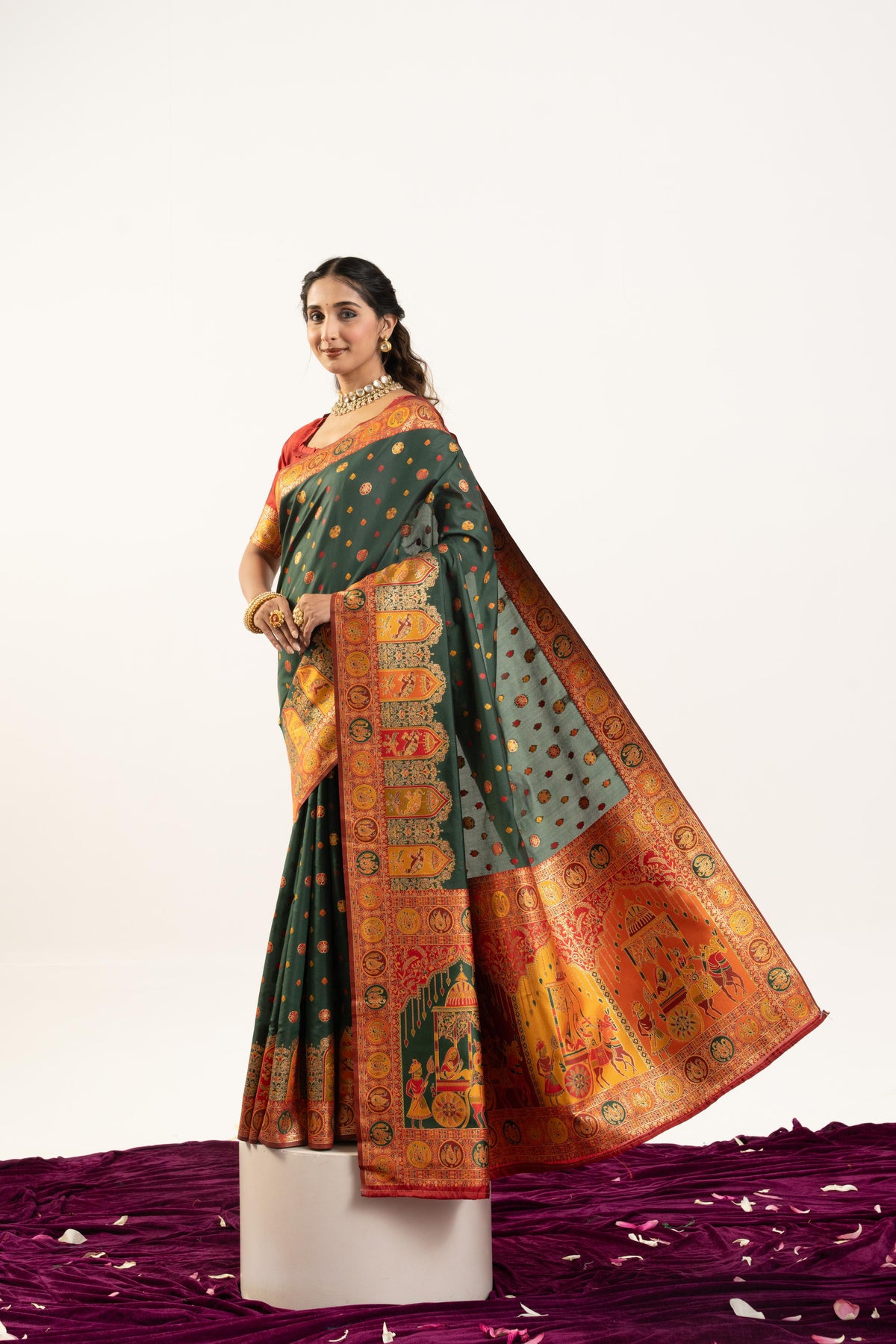 Bottle Green Banarasi Pashmina Soft Silk Zari Woven Saree
