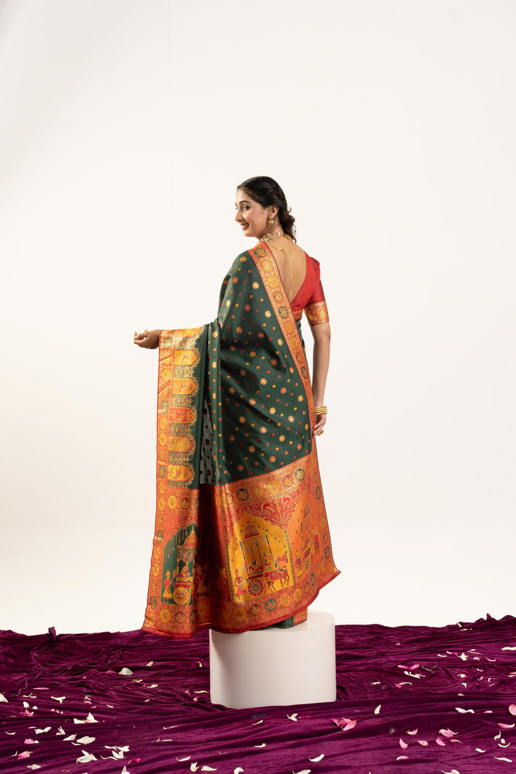 Bottle Green Banarasi Pashmina Soft Silk Zari Woven Saree