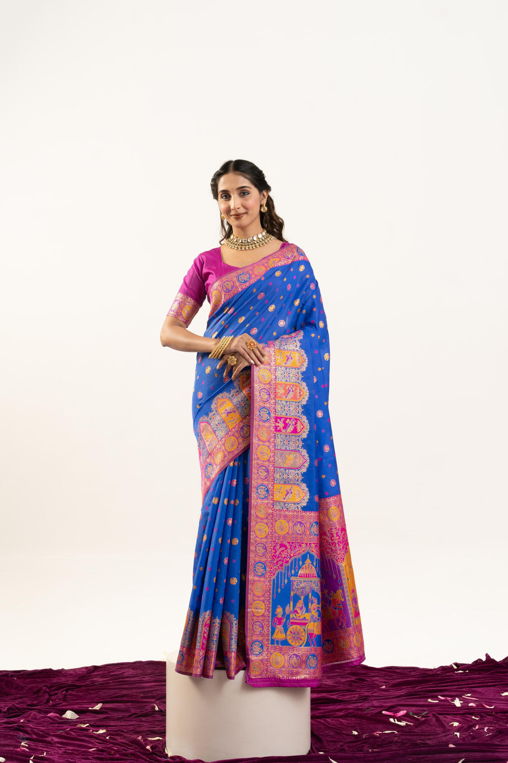 Deep blue Banarasi Pashmina silk saree with elegant Zari woven detailing