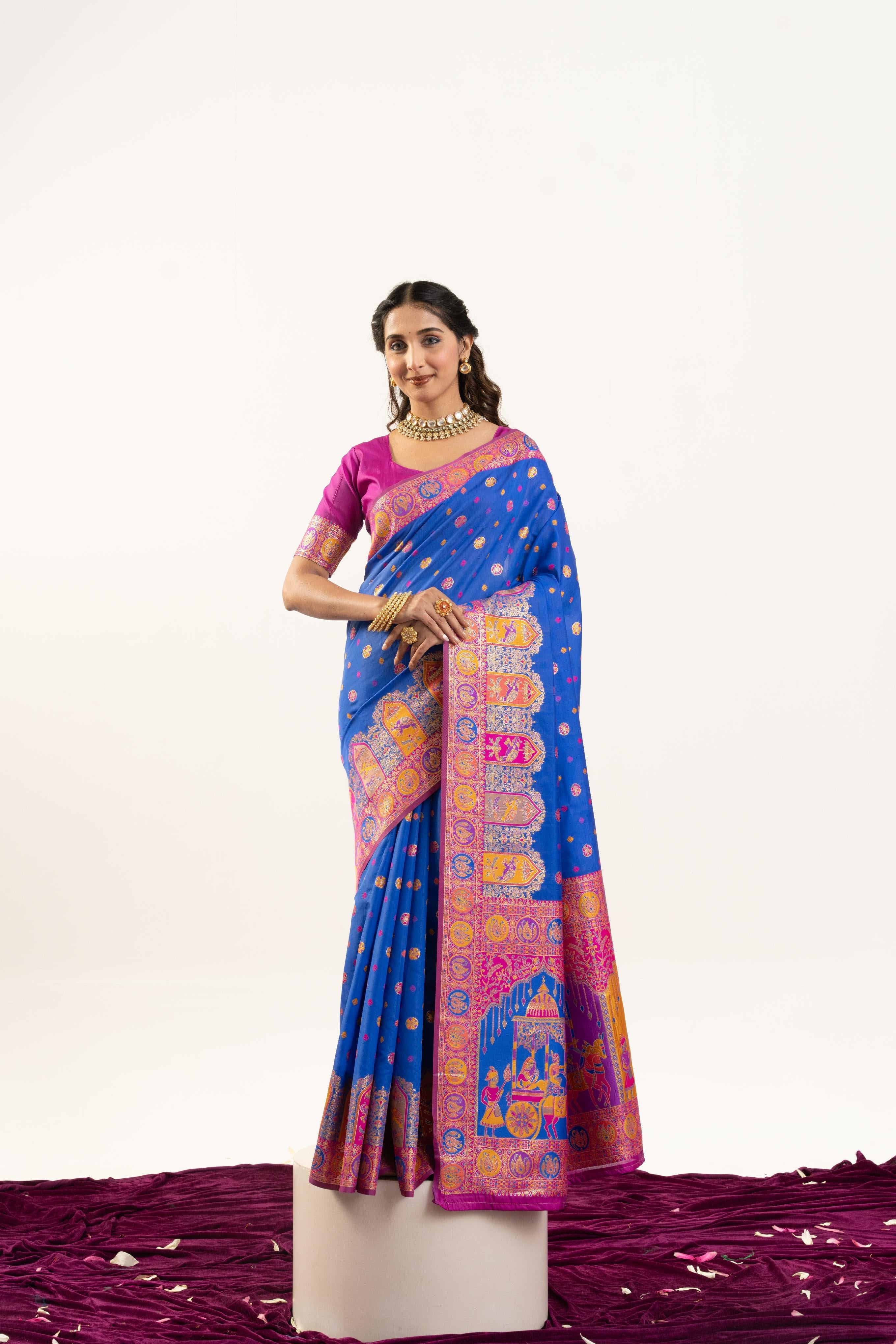 Deep blue Banarasi Pashmina silk saree with elegant Zari woven detailing