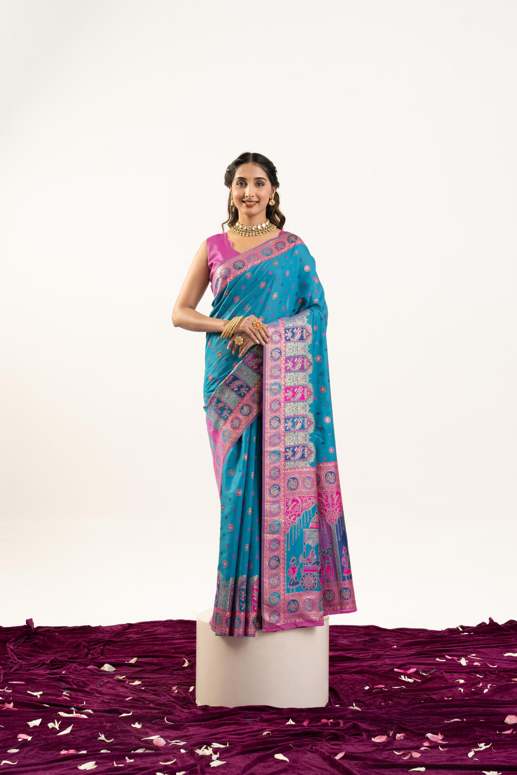 Turquoise Banarasi Pashmina soft silk saree featuring traditional zari woven borders