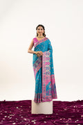 Turquoise Banarasi Pashmina soft silk saree featuring traditional zari woven borders