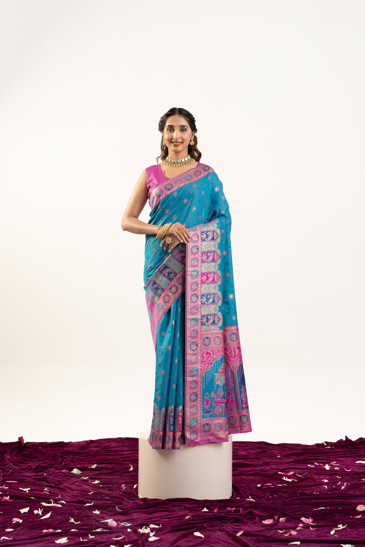 Turquoise Banarasi Pashmina soft silk saree featuring traditional zari woven borders