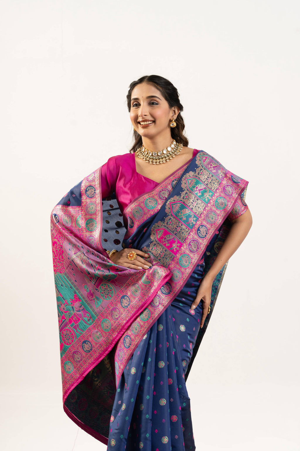 Navy Blue Banarasi Pashmina Soft Silk Zari Woven Saree with Blouse