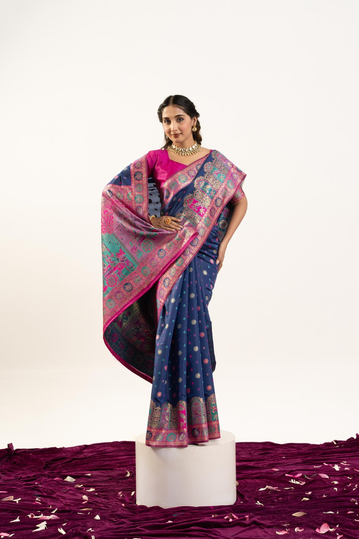 Navy Blue Banarasi Pashmina Soft Silk Saree with elegant Zari weaving and matching unstitched blouse piece