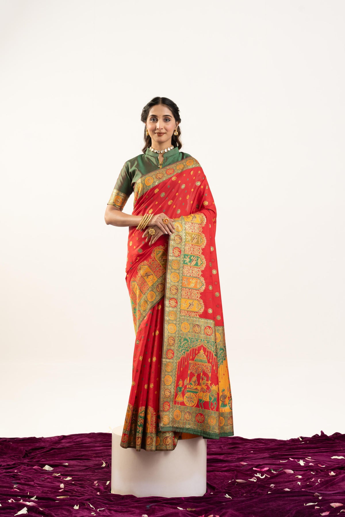 Red Banarasi Pashmina Soft Silk saree with Zari woven pattern and blouse
