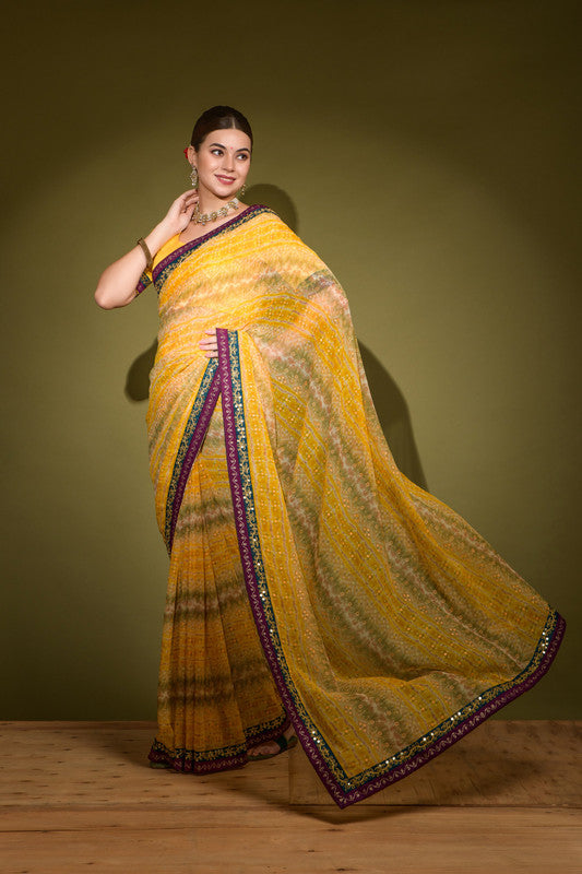 Yellow Georgette Saree with Foil Print and Sequence Work
