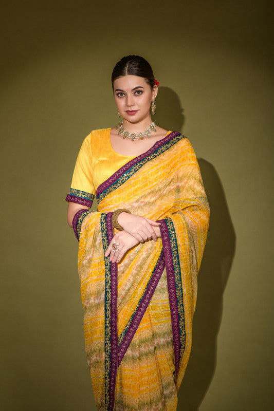 Yellow Georgette Saree with Foil Print and Sequence Work