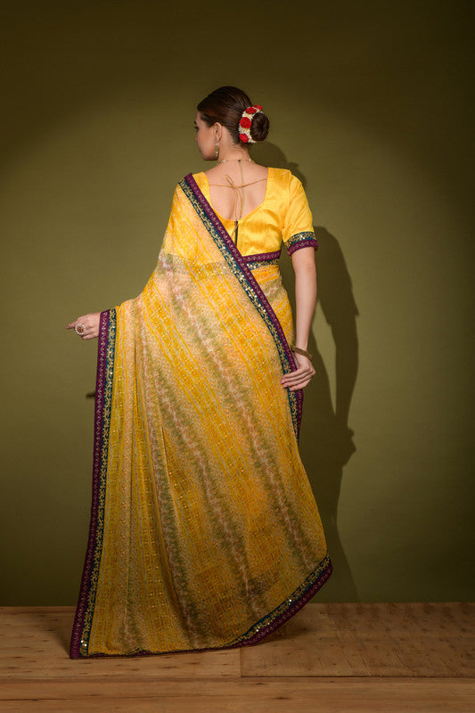 Yellow Georgette Saree with Foil Print and Sequence Work