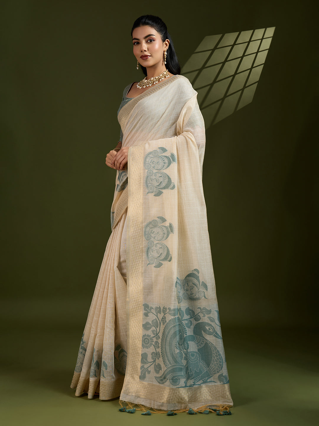 Grey Soft Muga Cotton Saree with Kalamkari Weave and Blouse