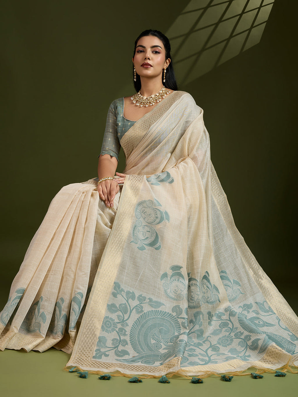 Grey Soft Muga Cotton Saree with Kalamkari Weave and Blouse
