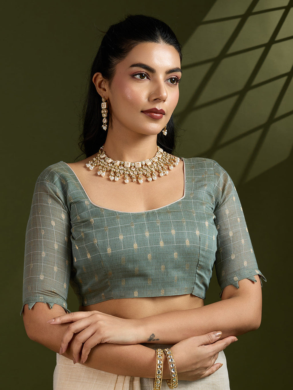Grey Soft Muga Cotton Saree with Kalamkari Weave and Blouse