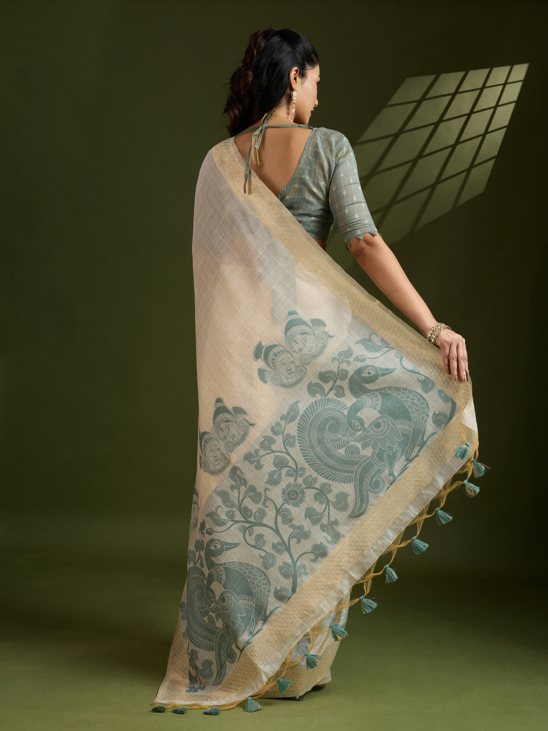 Grey Soft Muga Cotton Saree with Kalamkari Weave and Blouse