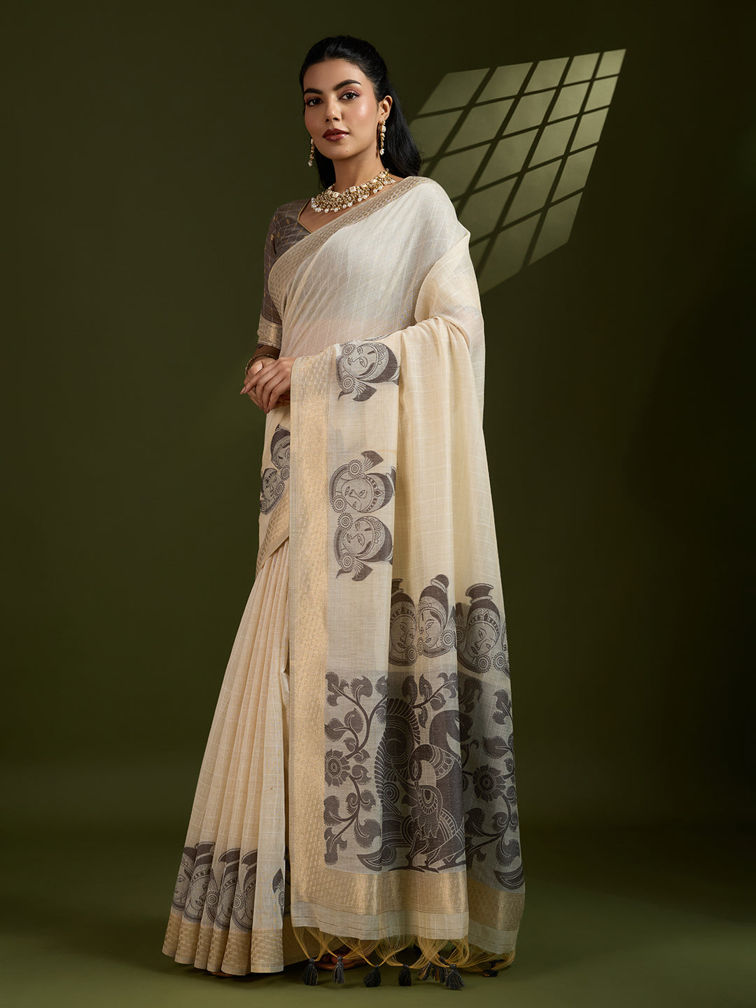 Coffee Soft Muga Cotton Kalamkari Woven Saree with Blouse