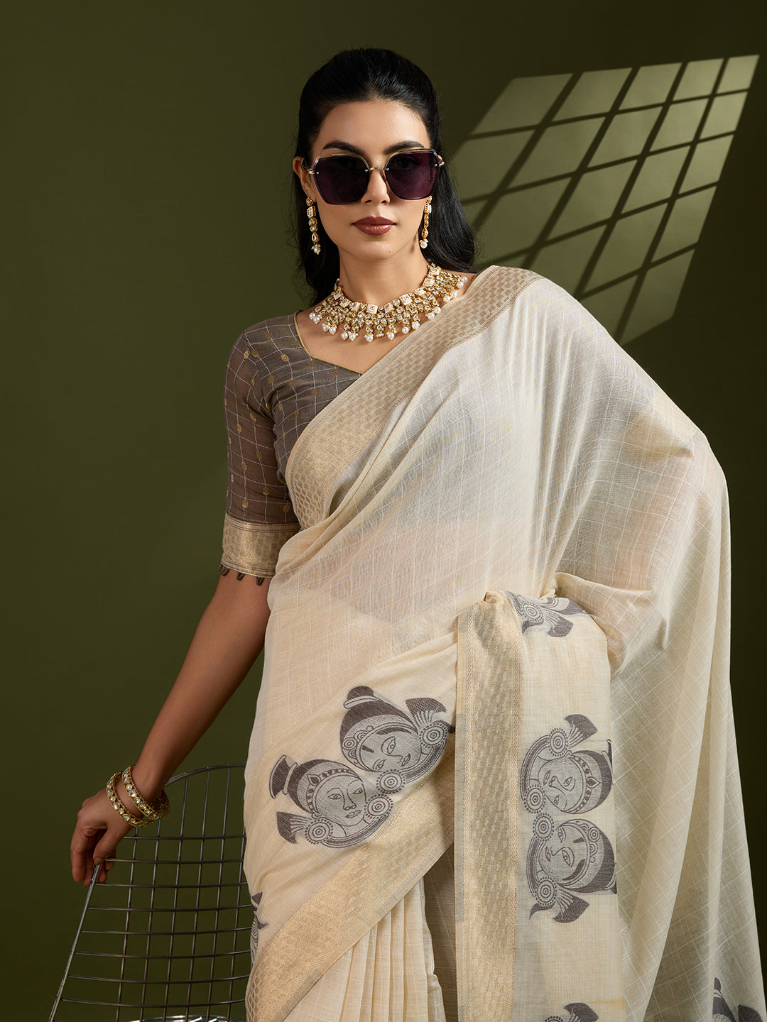 Coffee Soft Muga Cotton Kalamkari Woven Saree with Blouse