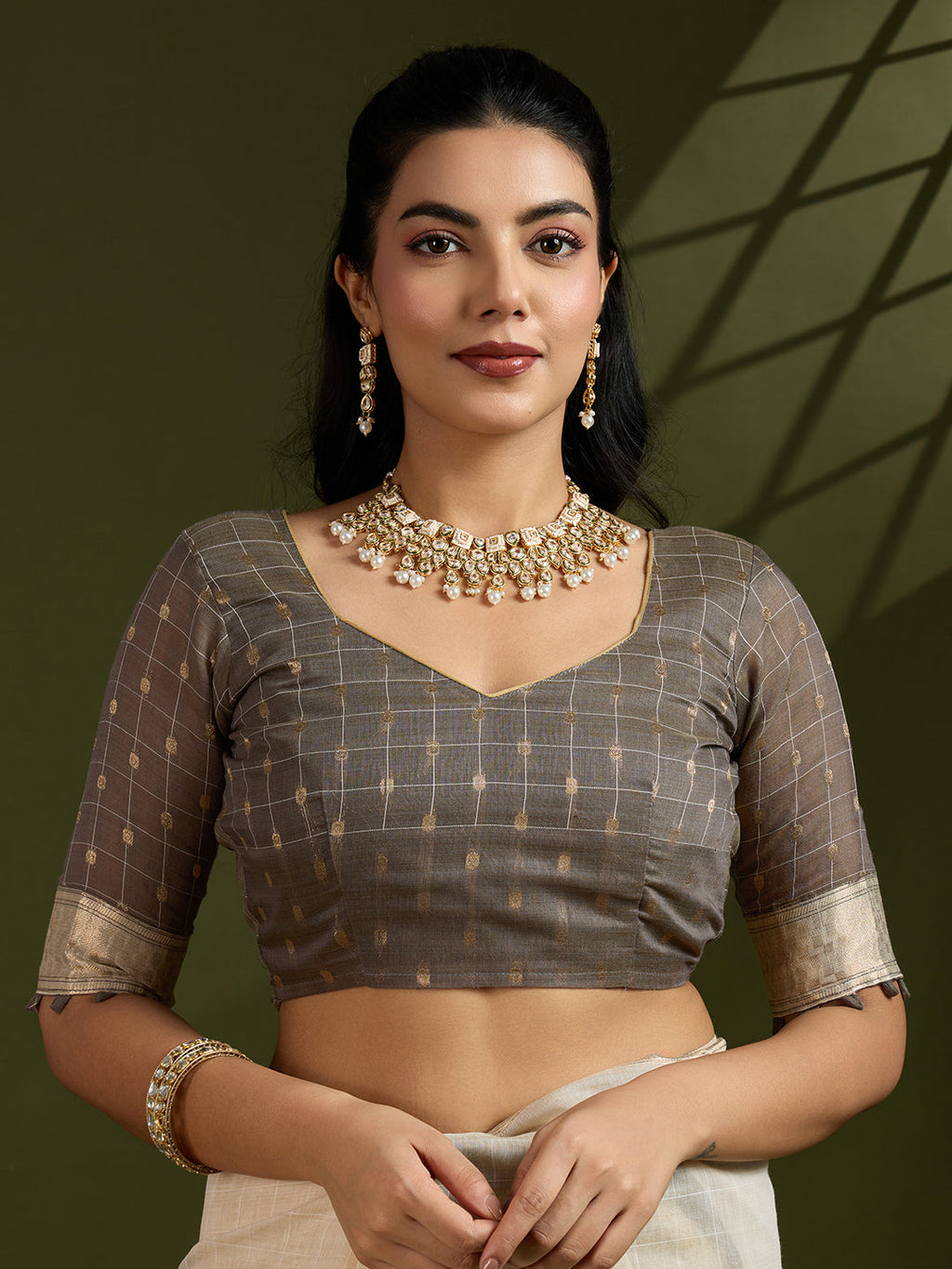 Coffee Soft Muga Cotton Kalamkari Woven Saree with Blouse