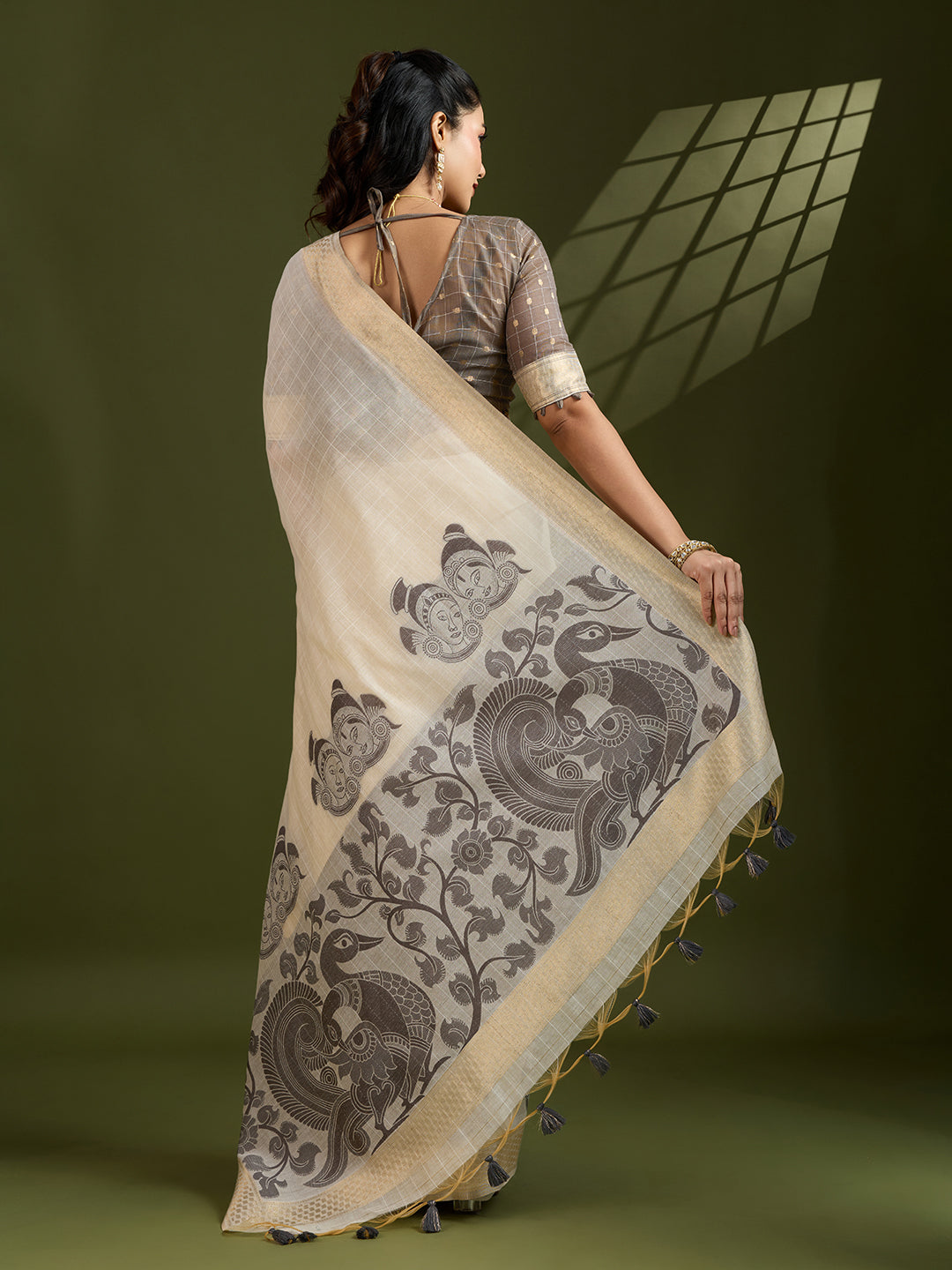 Coffee Soft Muga Cotton Kalamkari Woven Saree with Blouse