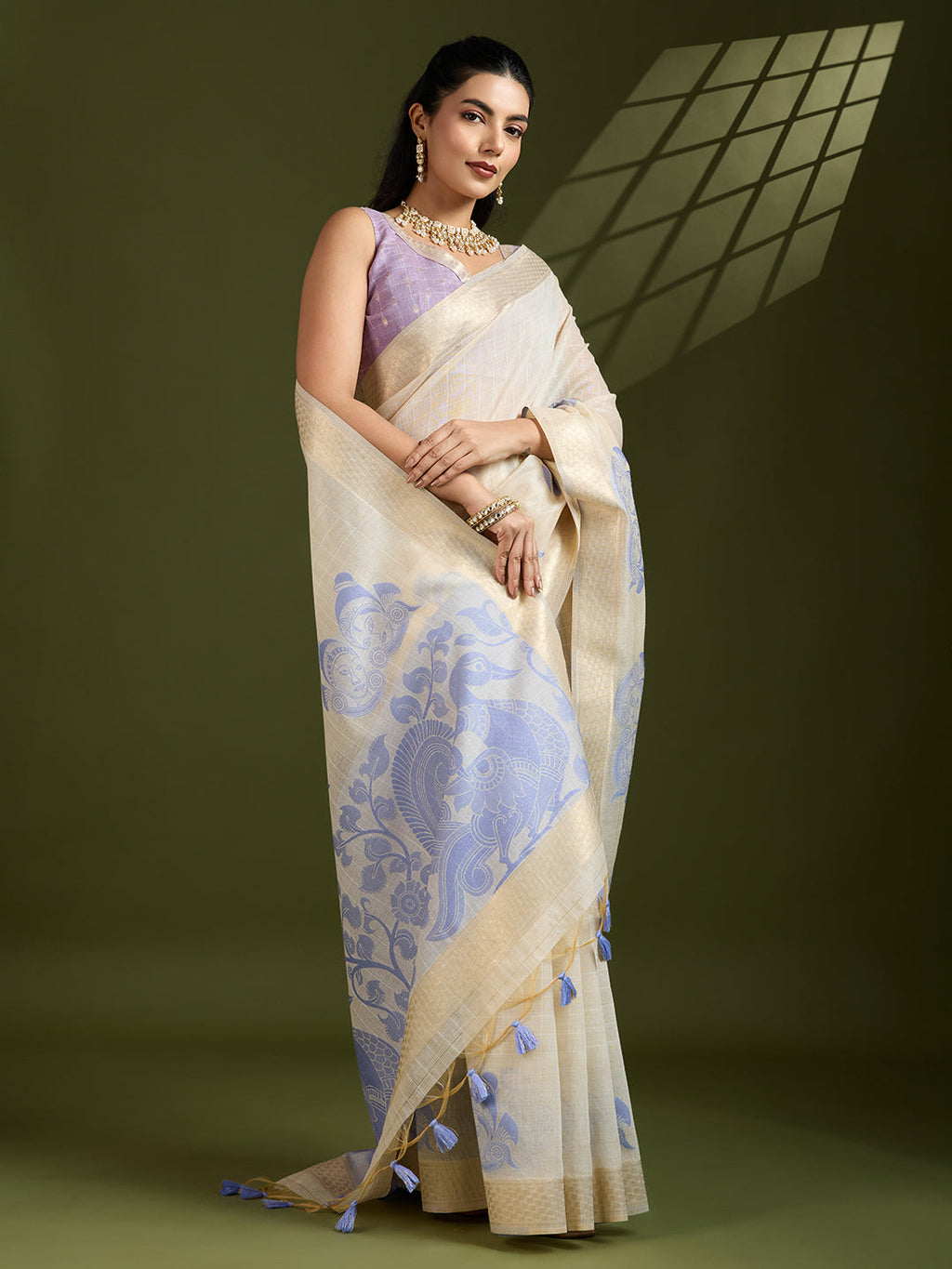 Purple Soft Muga Cotton Kalamkari Woven Saree with Blouse