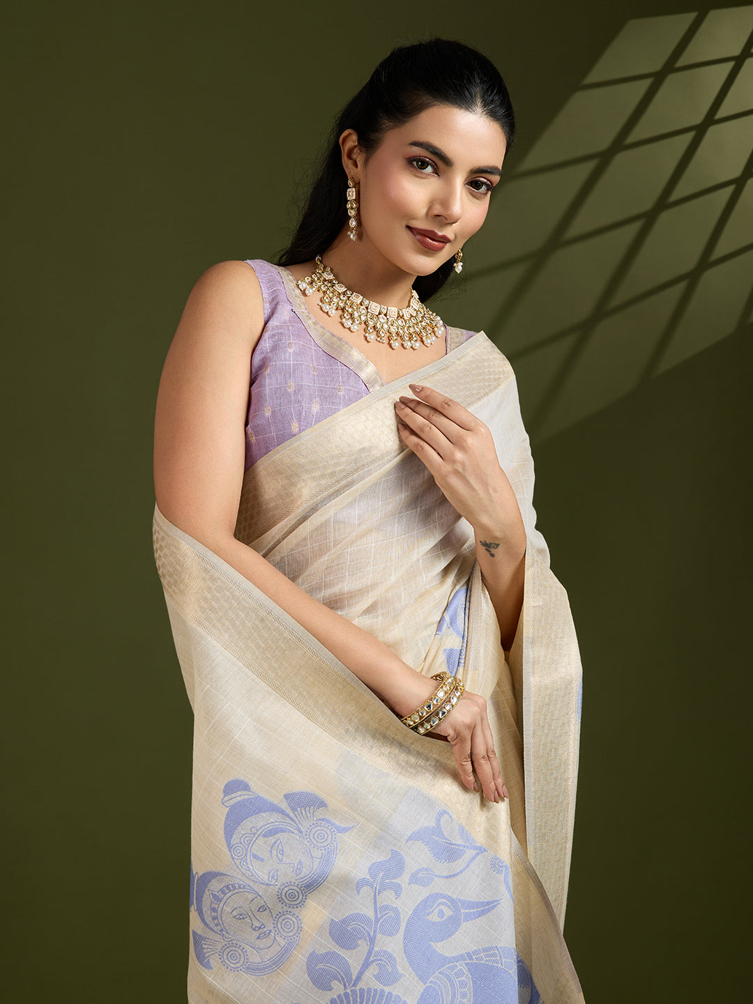 Purple Soft Muga Cotton Kalamkari Woven Saree with Blouse