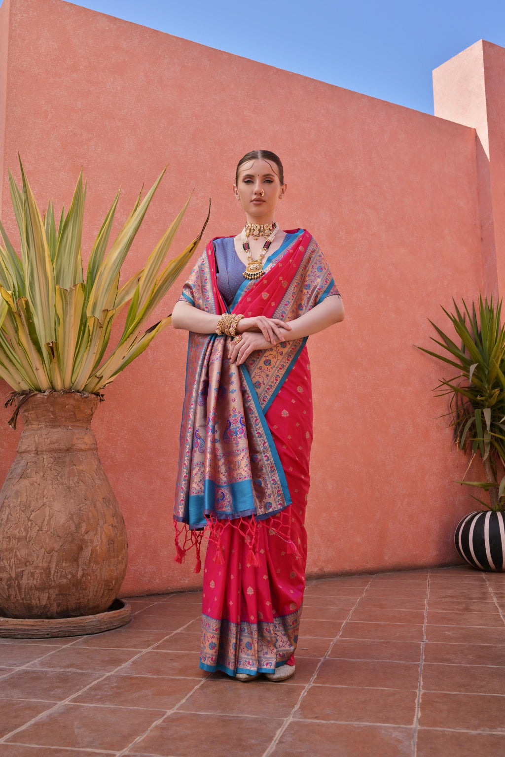 Rani Pink Paithani Silk Saree with Elegant Zari Woven Detail