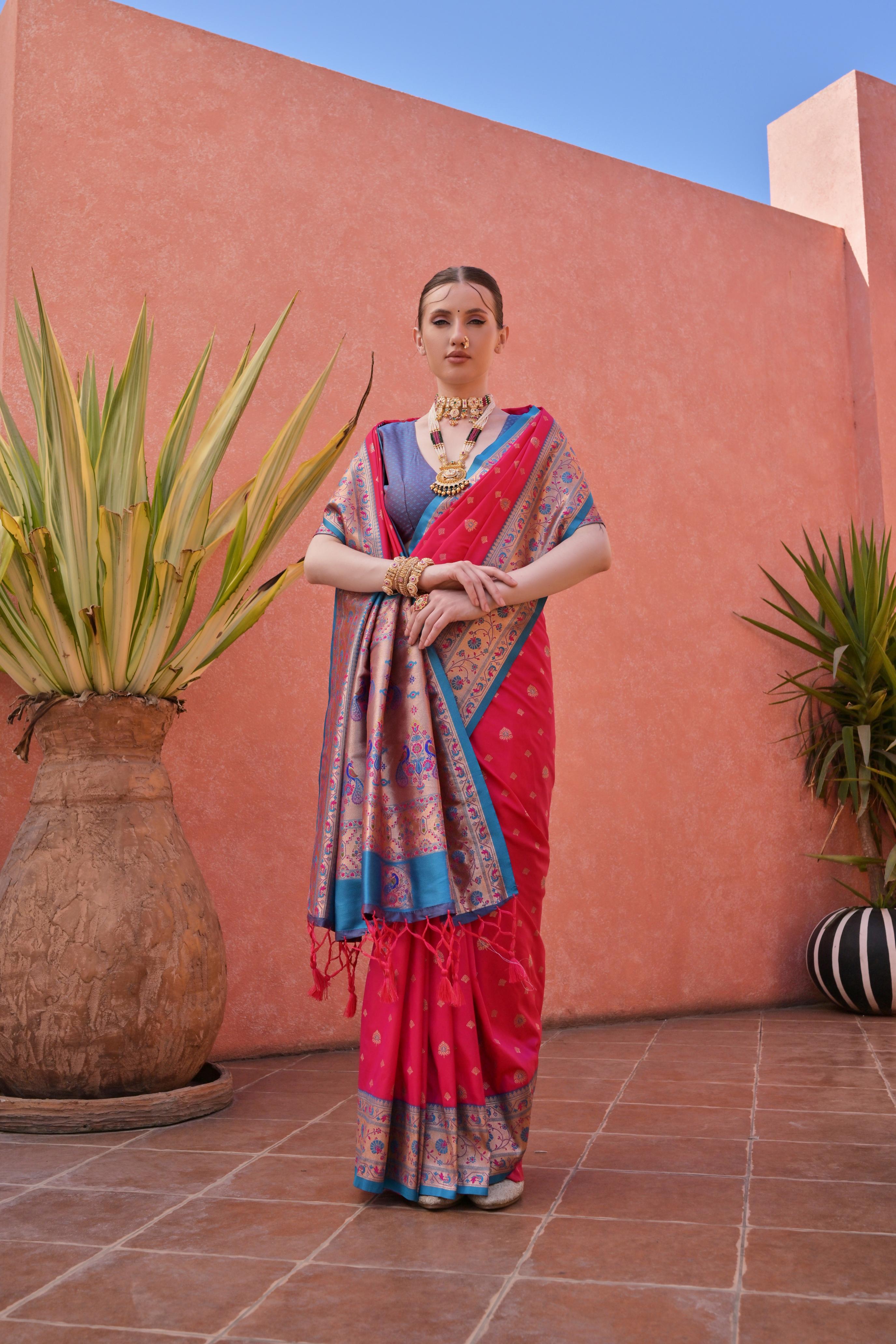 Rani Pink Paithani Silk Saree with Elegant Zari Woven Detail