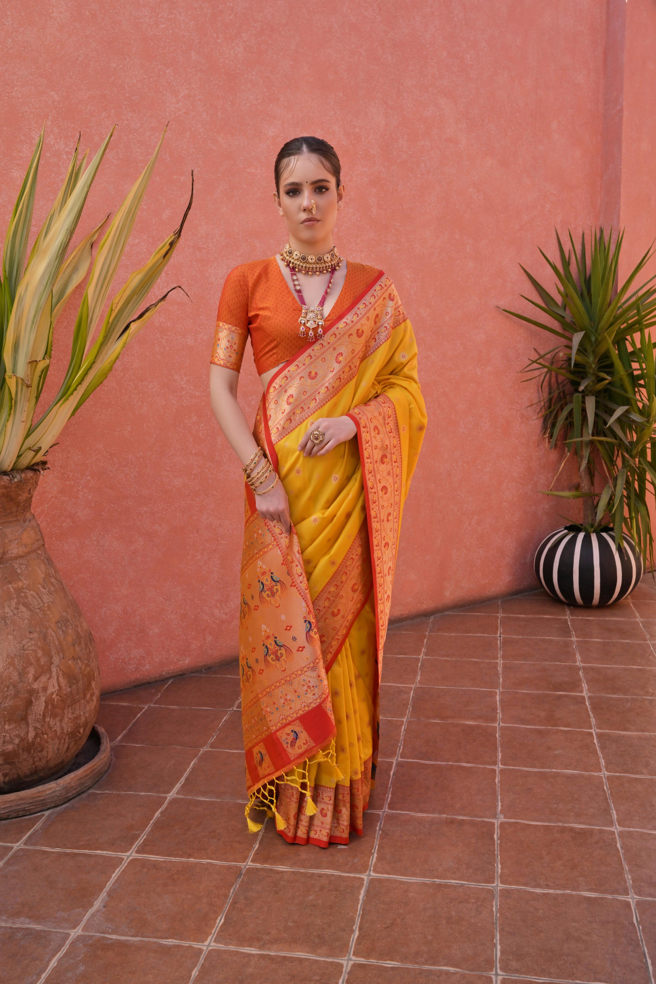 Women's Yellow Paithani Silk Zari Woven Saree with Blouse