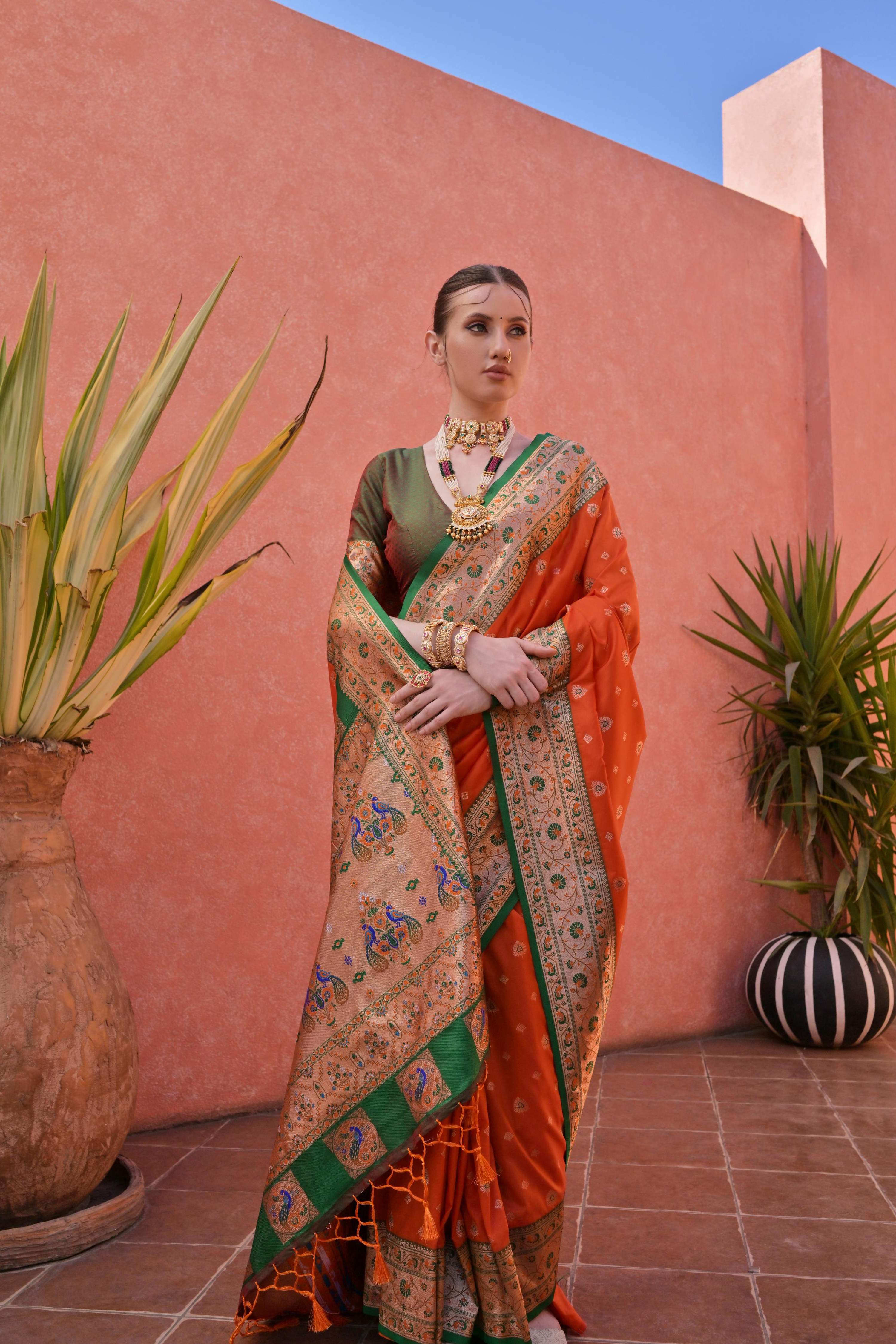 Orange Paithani Silk Saree with Zari Woven Border and Blouse