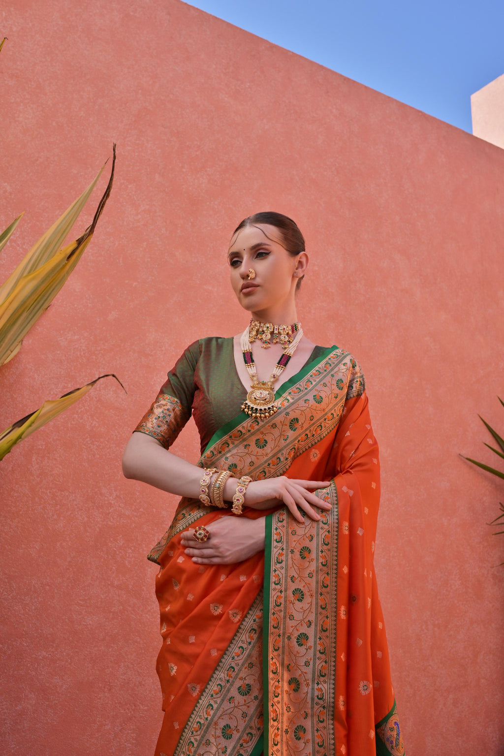 Orange Paithani Silk Saree with Zari Woven Border and Blouse