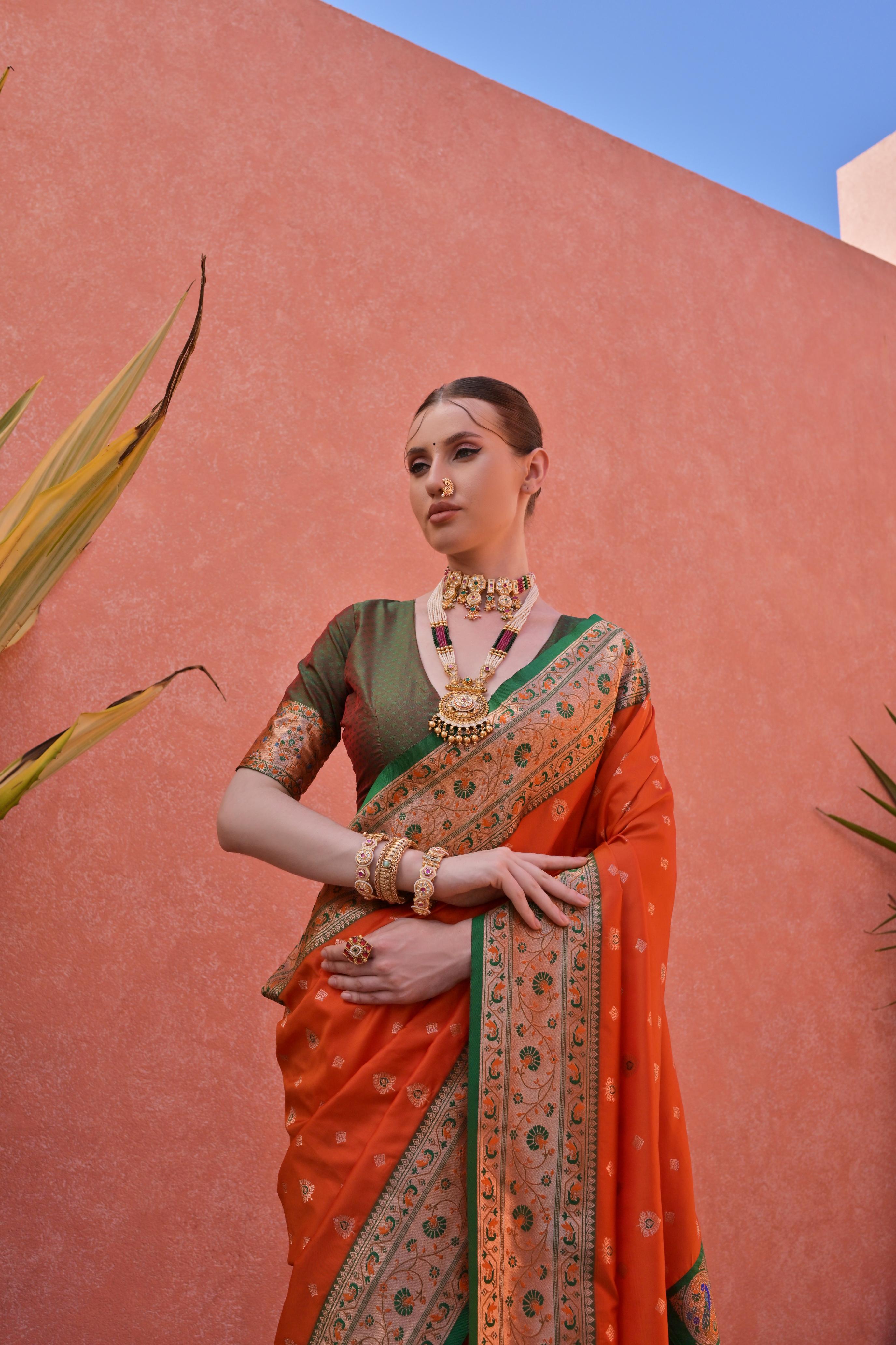Orange Paithani Silk Saree with Zari Woven Border and Blouse