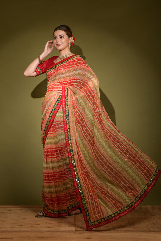 Red Georgette Saree with Foil Print and Sequence Work & Blouse