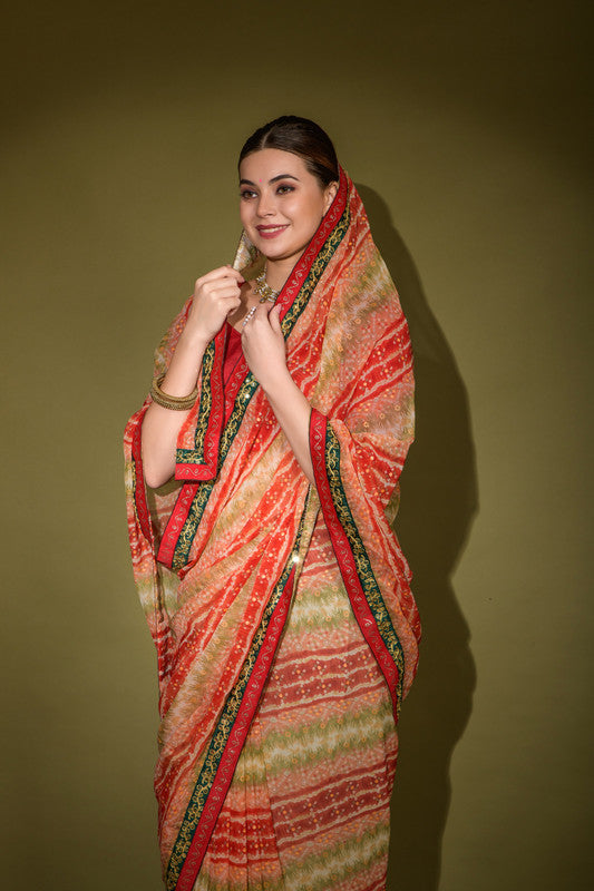 Red Georgette Saree with Foil Print and Sequence Work & Blouse