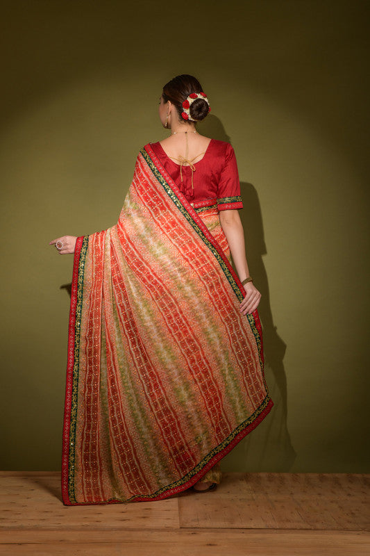 Red Georgette Saree with Foil Print and Sequence Work & Blouse