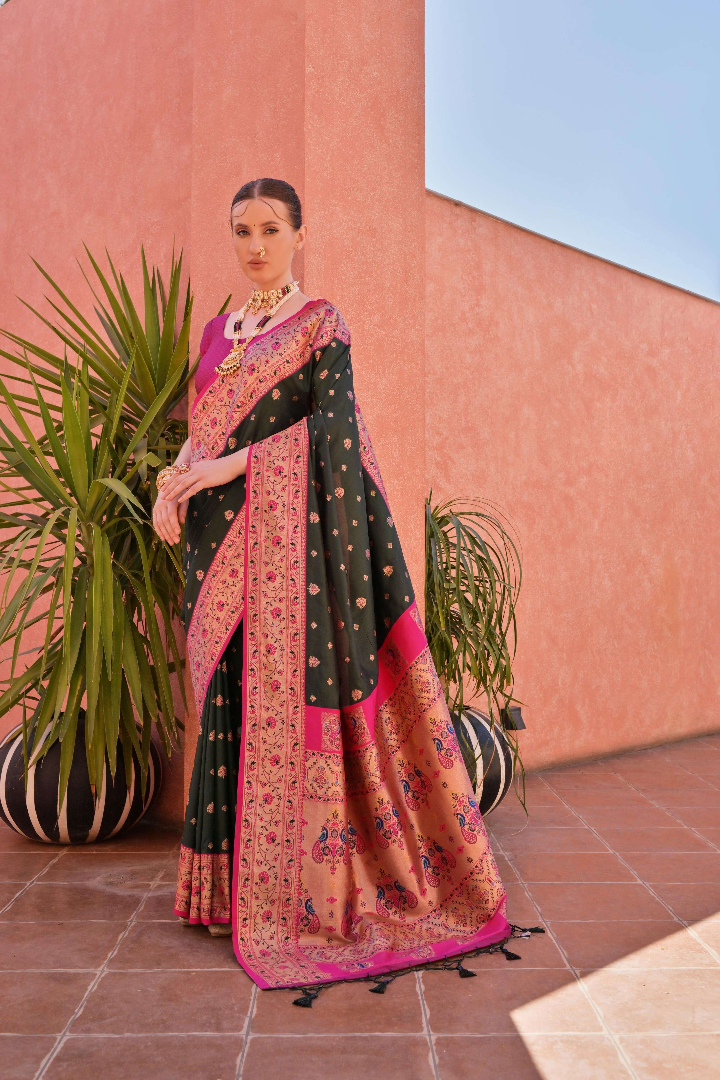 Bottle Green Paithani Silk Saree with Zari Woven Border & Blouse