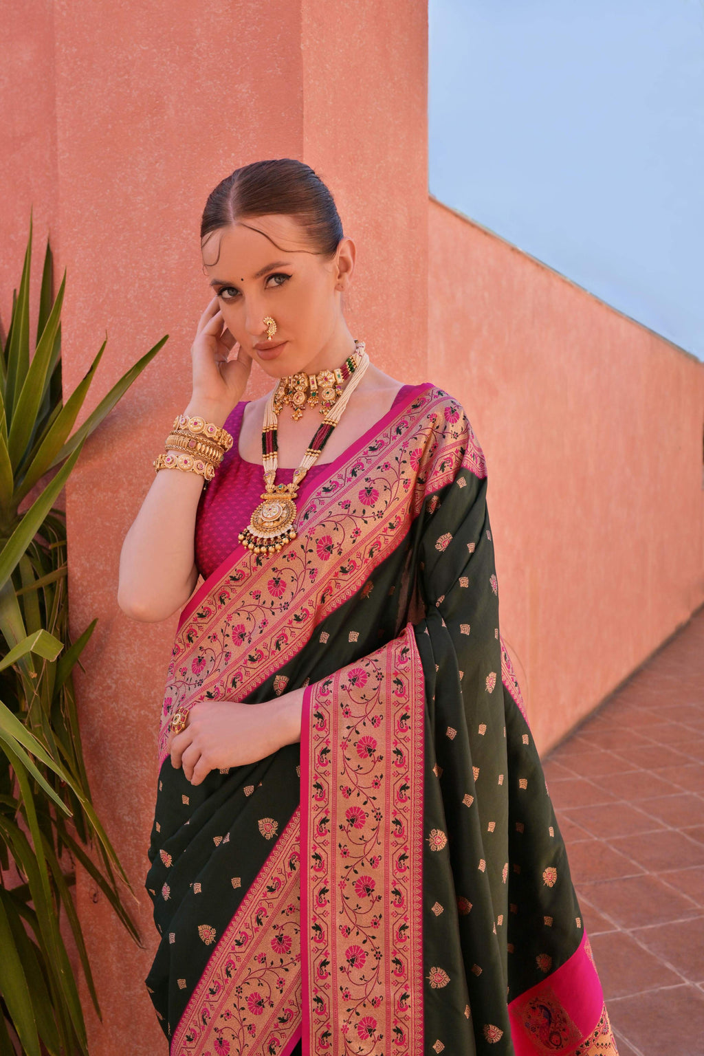 Bottle Green Paithani Silk Saree with Zari Woven Border & Blouse